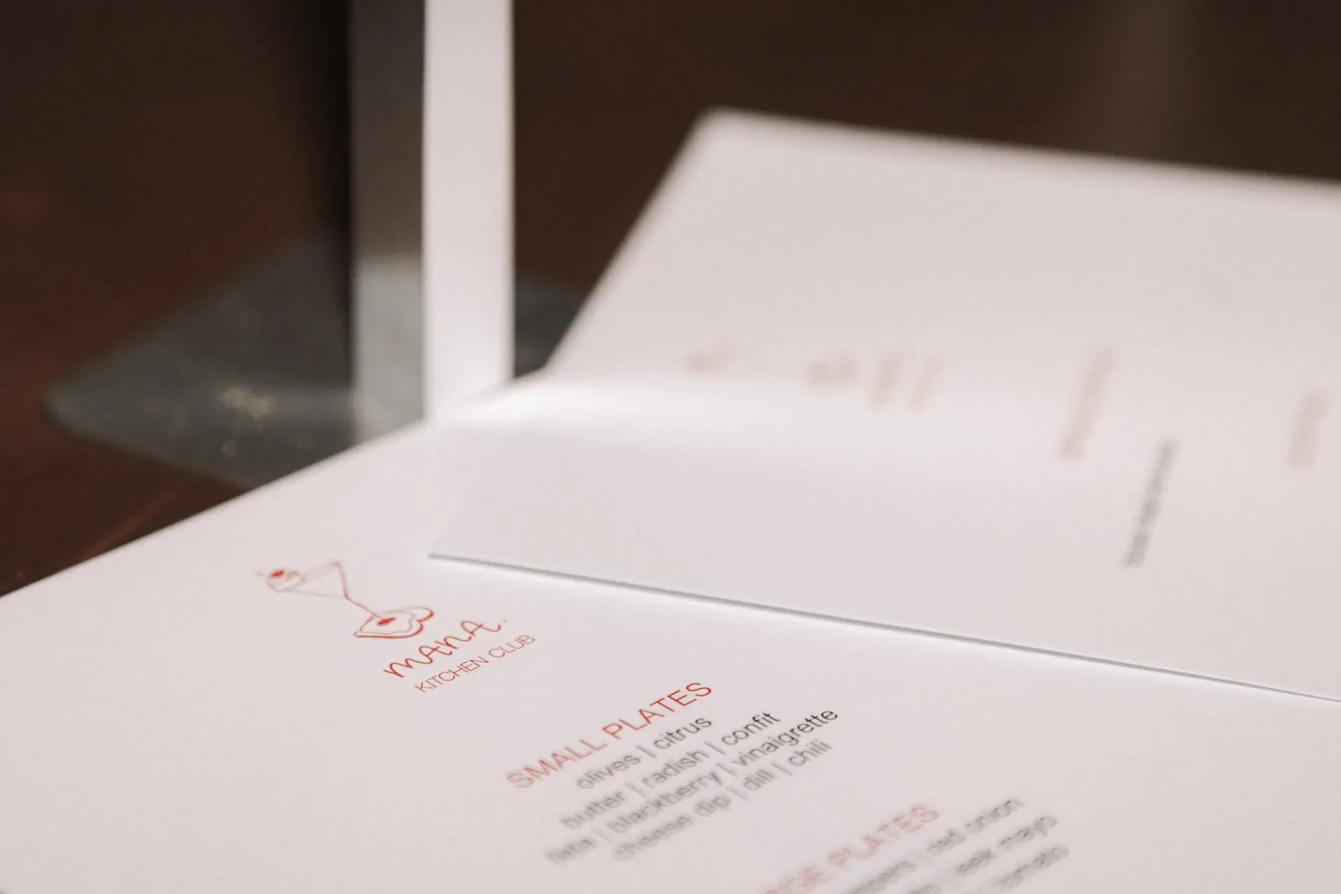 The mana kitchen club menu on a table